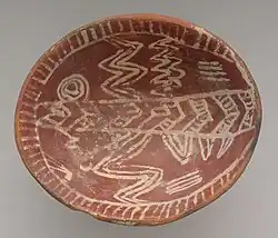 White cross-lined bowl with four legs; 3700–3500 BC; painted pottery; height: 15.6 cm, diameter: 19.7 cm; Metropolitan Museum of Art