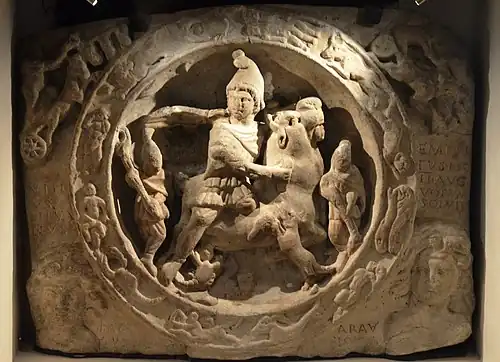 A white marble relief from the London Mithraeum, depicting the god Mithras slaying a bull
