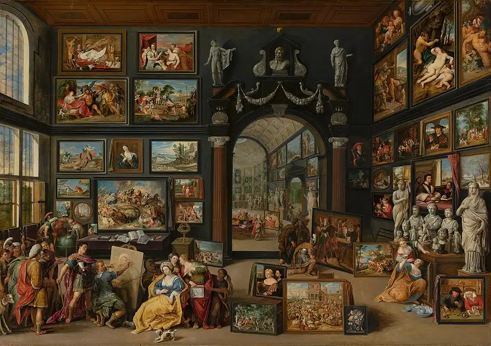 Apelles painting Campaspe, an artwork which shows people surrounded by fine art; by Willem van Haecht; c. 1630; oil on panel; height: 104.9 cm, width: 148.7 cm; Mauritshuis (The Hague, the Netherlands)
