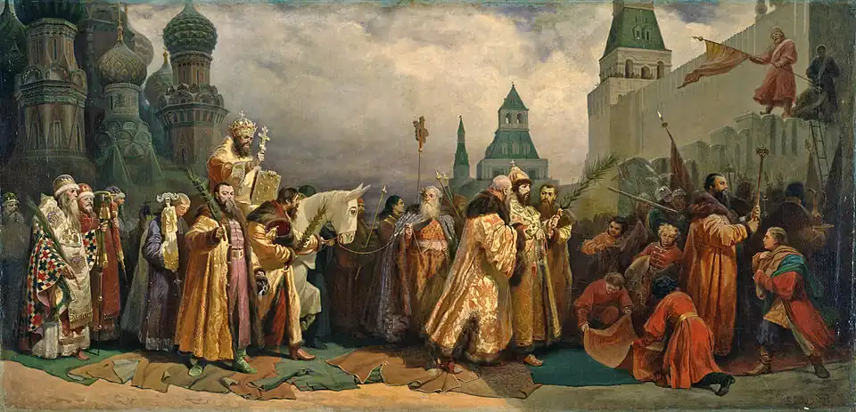 Palm Sunday procession, Moscow, with Tsar Alexei Michaelovich (painting by Vyacheslav Schwarz, 1865)