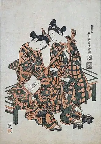 Woodblock print by Ishikawa Toyonobu of kabuki actors Onoe Kikugorō&nbsp;I and Nakamura Kiyosaburō as a young seated couple playing a shamisen signed 'Meijōdō Ishikawa Shūha Toyonobu zu', 1750-1758