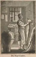 Engraving of a wool comber in his workshop