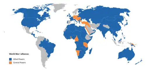 Allies in blue; Central Powers in orange