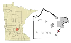 Location of the city of Rockford within Wright and Hennepin Counties in the state of Minnesota