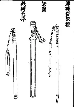 A flail-like iron whip (right) in Wujing Zongyao
