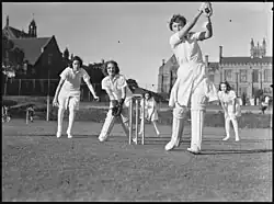 Y.M.C.A. women playing cricket as part of 'sports for troops', Sydney University, 23 April 1941