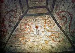 Heavens, East ceiling, King of the East, (东王公 Dōng Wánggōng). He is a Taoist god, also known as the Eastern parent, he sits opposite of the Queen Mother of the West.