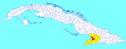 Yara municipality (red) within Granma Province (yellow) and Cuba