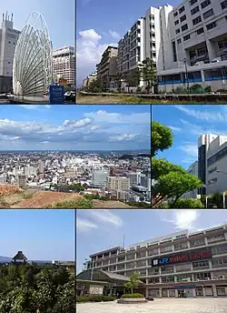 Top left: Statue of Station Square, Top right: Kaike Spa and Kaike Coast, 2nd left: Yonago Castle Site, 2nd right: Yonago Takashimaya, 3rd left: Mugibandai ruins in Yodoe, 3rd right: Yonago Station