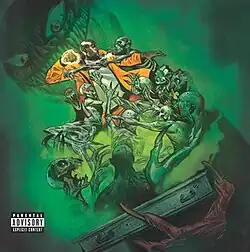A comic-book-style illustration shows Freddie Gibbs being swarmed by undead creatures, which are emerging from a coffin amid green mist. Gibbs is wearing an orange coat and winding up to throw a punch at the nearest creature. In the background, a giant demonic figure is visible, holding the coffin in one hand and watching the fight with a grin.