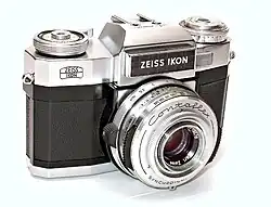 Contaflex Super B, an SLR camera finished in chrome and black leather