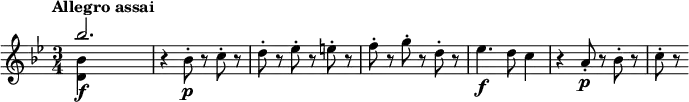 \relative c''' {
\tempo "Allegro assai"
\key bes \major
\time 3/4
<<
{ bes2.\f | } \\
{ <bes, d,>4 s2 | }
>>
r4 bes8-.\p r c-. r |
d8-. r es-. r e-. r |
f8-. r g-. r d-. r |
es4.\f d8 c4 |
r4 a8-.\p r bes-. r |
c8-. r
}