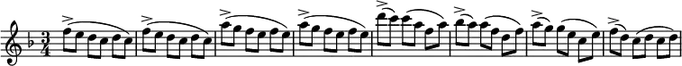 \relative c'' {
\key f \major
\time 3/4
\set Timing.beamExceptions = #'()
\set Score.tempoHideNote = ##t
\tempo 4 = 240
f8->( e d c d c)
f->( e d c d c)
a'->( g f e f e)
a->( g f e f e)
d'->( c) c( a f a)
bes->( a) a( f d f)
a->( g) g( e c e)
f->( d) c( d c d)
}