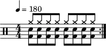 \version "2.22.0"
\header { tagline = ##f}
\score {
\drums \with {midiInstrument = "drums"}
\with { \numericTimeSignature }
{
\tempo 4 = 180
\repeat volta 2 {
<<{cymra8 cymra cymra cymra cymra cymra cymra cymra}\\{<bd sne>8 <bd sne>8 <bd sne>8 <bd sne>8 <bd sne>8 <bd sne>8 <bd sne>8 <bd sne>8 }>>\break
}
}
\layout {}
}
\score {
\unfoldRepeats {
\drums \with {midiInstrument = "drums"}{
\repeat volta 2 {
<<{cymra8 cymra cymra cymra cymra cymra cymra cymra}\\{<bd sne>8 <bd sne>8 <bd sne>8 <bd sne>8 <bd sne>8 <bd sne>8 <bd sne>8 <bd sne>8 }>>\break
}
}
}
\midi { \tempo 4 = 180 }
}