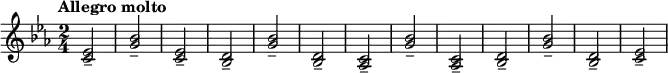 \relative c' { \clef treble \key ees \major \time 2/4 \tempo "Allegro molto" <ees c>2-- | <bes' g>-- | <ees, c>-- | <d bes>-- | <bes' g>-- | <d, bes>-- | <c aes>-- | <bes' g>-- | <c, aes>-- | <d bes>-- | <bes' g>-- | <d, bes>-- | <ees c>-- }