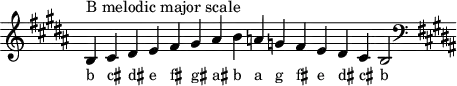 \header { tagline = ##f }
scale = \relative b { \key b \major \omit Score.TimeSignature
b^"B melodic major scale" cis dis e fis gis ais b a g fis e dis cis b2 \clef F \key b \major }
\score { { << \cadenzaOn \scale \context NoteNames \scale >> } \layout { } \midi { } }