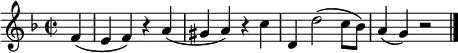 
\relative c' {
  \time 2/2 \key f \major
  \partial 4 f( |
  e4 f) r a( |
  gis4 a) r c |
  d,4 d'2( c8 bes) |
  a4( g) r2 | \bar "|."
}
