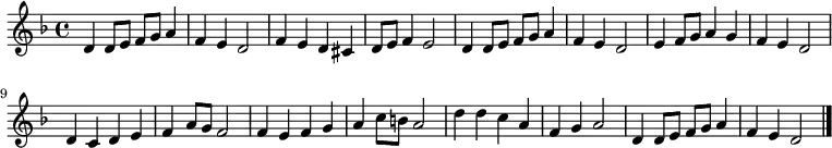 \relative d' {\set Staff.midiInstrument = #"church organ" \set Score.tempoHideNote = ##t \tempo 4 = 75
\key d \minor
\time 4/4
d4 d8 e f g a4 f e d2
f4 e d cis d8 e f4 e2
d4 d8 e f g a4 f e d2
e4 f8 g a4 g f e d2
d4 c d e f a8 g f2
f4 e f g a c8 b a2
d4 d c a f g a2
d,4 d8 e f g a4 f e d2
\bar "|."
}