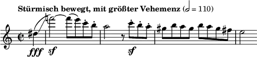 \relative c'' { \set Staff.midiInstrument = #"violin" \clef treble \key a \minor \tempo "Stürmisch bewegt, mit größter Vehemenz" 2 = 110\time 2/2 \partial 4*1 dis\fff(\glissando | f'!2\sf)~ f8( e) c-. b-. | a2 r8 c\sf-. b-. a-. | gis b a gis b a gis fis | e2 }