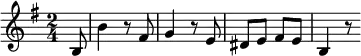 \relative b { \time 2/4 \key e \minor \partial 8 b8 b'4 r8 fis g4 r8 e dis e fis e b4 r8 }