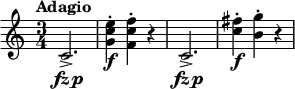
\relative c' {
  \tempo "Adagio"
  \key c \major
  \time 3/4
  c2.->_\markup{\center-align \dynamic {fz p}} | <g' c e>4-.\f <f c' f>-. r | c2.->_\markup{\center-align \dynamic {fz p}} | <c' fis>4-.\f <b g'>4-. r
}
