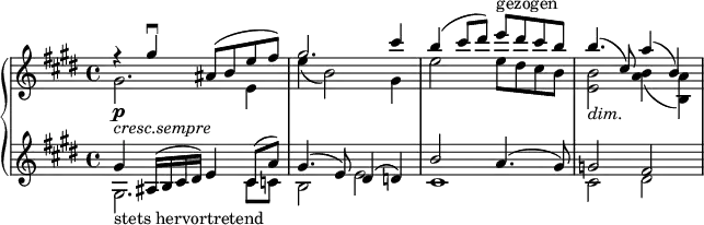 
{ \new PianoStaff <<
  \new Staff <<
    \set Staff.midiInstrument = #"string ensemble 1" \set Score.tempoHideNote = ##t \new Voice \tempo 4 = 45 \relative gis'' {
  \clef "treble" \key e \major \stemUp \time 4/4 | % 1
  r4 gis4 \downbow ais,8 ^( b8 e8
  fis8 ) | % 2
  gis2. cis4 | % 3
  b4 ^( cis8 dis8 ) e8 ^"gezogen" dis8 cis8 b8 | % 4
  b4. _\markup{ \italic {dim.} } ^( cis,8 ) a'4 ^( b,4 ) }
  \new Voice \relative gis' {
  \key e \major \stemDown \time 4/4 | % 1
  gis2. \p  _\markup{ \italic {cresc.sempre} } e4 | % 2
  e'4 _( b2 ) gis4 | % 3
  e'2 e8 dis8 cis8 b8 | % 4
  <e, b'>2 <a b>4 _( <b, a'>4) } >>
  \new Staff <<
  \set Staff.midiInstrument = #"string ensemble 1" \new Voice \relative gis {
  \clef "treble" \key e \major \stemDown \time 4/4 gis2. _"stets hervortretend"
  cis8 c8 | % 2
  b2 e2 | % 3
  cis1 | % 4
  cis2 dis2 }
  \new Voice \relative gis' {
  \key e \major \stemUp \time 4/4 gis4
  ais,16 ^( b16 cis16 dis16 ) e4 cis8 ^( a'8 ) | % 2
  gis4. ^( e8 ) dis4 ^( d4 ) | % 3
  b'2 a4. ^( gis8 ) | % 4
  g2 fis2 } >>
>> }
