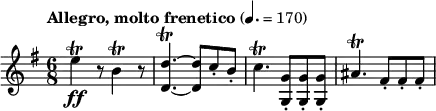 \layout {
ragged-last = ##t
}
\relative c''{
\tempo \markup "Allegro, molto frenetico" 4. = 170
\set Staff.midiInstrument = #"string ensemble 1"
\clef treble
\key g \major
\numericTimeSignature \time 6/8
e4\trill\ff r8 b4\trill r8
<d, d'>4.~\trill <d d'>8 c'8-. b-.
c4.\trill <g g,>8-. <g g,>-. <g g,>-. ais4.\trill fis8-. fis-. fis-.
}