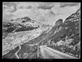 On the right the hotel, in 1919, on the left the glacier, behind it the mountain, on the right the road