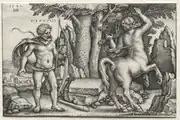 The centaur Nessus reacts in pain as he is shot with an arrow in the back; Hercules, nude except for a cape, looks on holding a longbow.