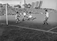 Indian team defending against Yugoslavian attack at Töölön Pallokenttä, Helsinki on 15 July 1952.