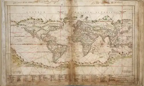 Teixeira Albernaz's 1630 "General Chart for All Navigation" (Taboas Geraes de Toda a Navegação), displaying an antimeridian equivalent to 135°&nbsp;E.[27]